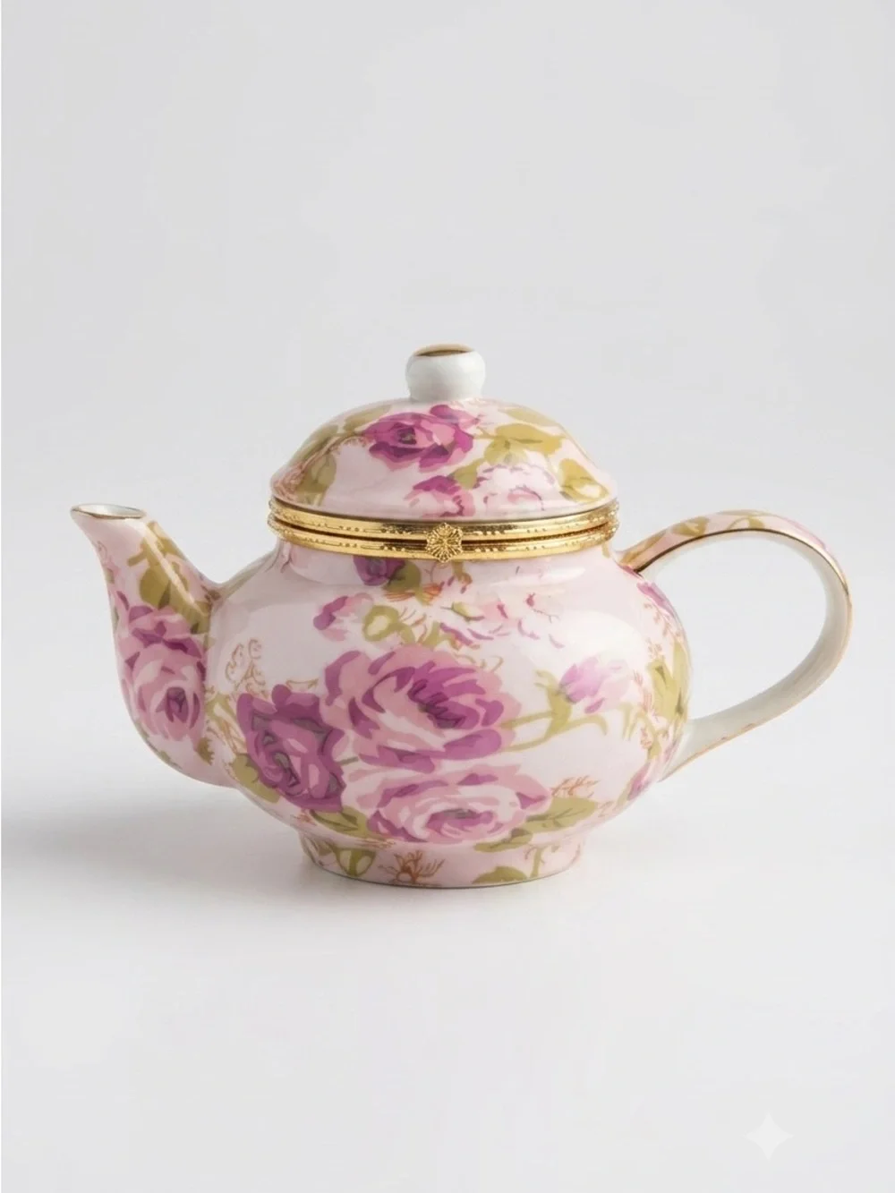 BAUM Asian Rose Collection Hinged Lid Porcelain Teapot Trinket Box Pink Floral